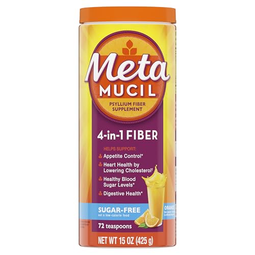 Metamucil 4-in-1 Psyllium Husk Fiber Supplement, Sugar-Free, 72 teaspoons, Orange Flavored, Daily Fiber Powder for Digestive Health, made with Plant-Based Psyllium Husk Fiber