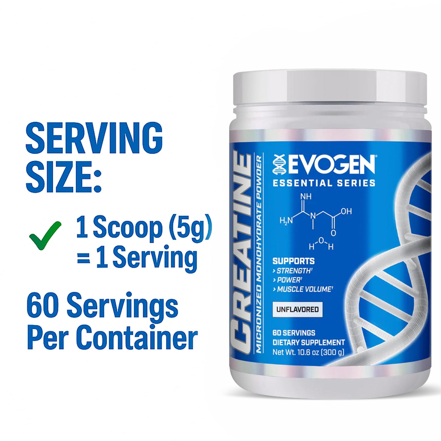 Evogen Creatine Monohydrate Powder - Micronized Creatine for Women & Men | Pure Creatine Powder Supplement for Strength, Power & Recovery | Unflavored | 60 Servings