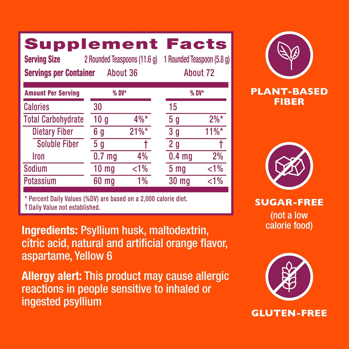 Metamucil 4-in-1 Psyllium Husk Fiber Supplement, Sugar-Free, 72 teaspoons, Orange Flavored, Daily Fiber Powder for Digestive Health, made with Plant-Based Psyllium Husk Fiber