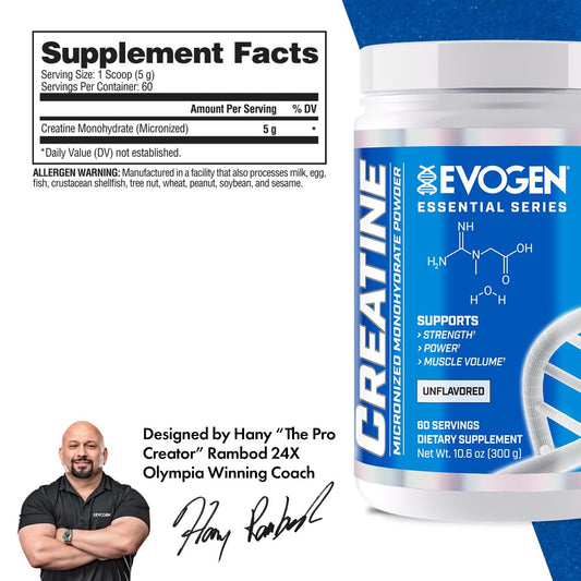 Evogen Creatine Monohydrate Powder - Micronized Creatine for Women & Men | Pure Creatine Powder Supplement for Strength, Power & Recovery | Unflavored | 60 Servings
