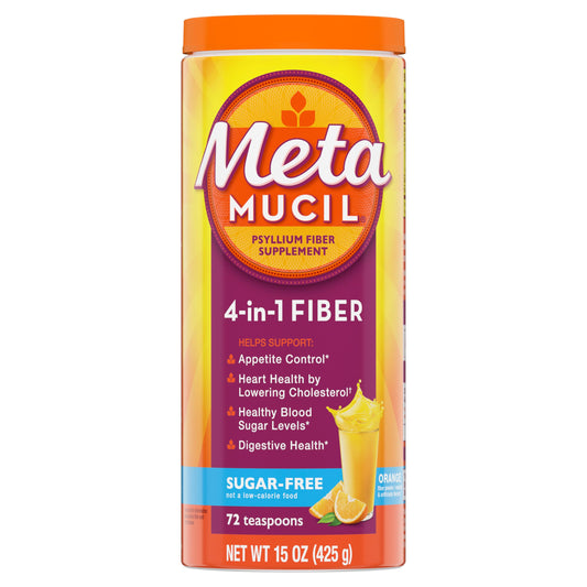 Metamucil 4-in-1 Psyllium Husk Fiber Supplement, Sugar-Free, 72 teaspoons, Orange Flavored, Daily Fiber Powder for Digestive Health, made with Plant-Based Psyllium Husk Fiber