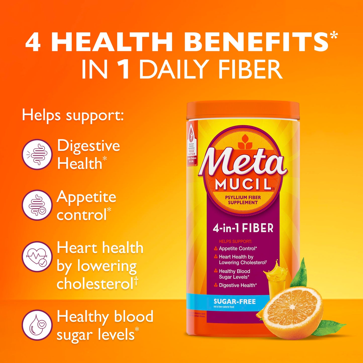 Metamucil 4-in-1 Psyllium Husk Fiber Supplement, Sugar-Free, 72 teaspoons, Orange Flavored, Daily Fiber Powder for Digestive Health, made with Plant-Based Psyllium Husk Fiber